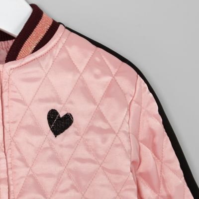 Mini girls pink print quilted bomber jacket